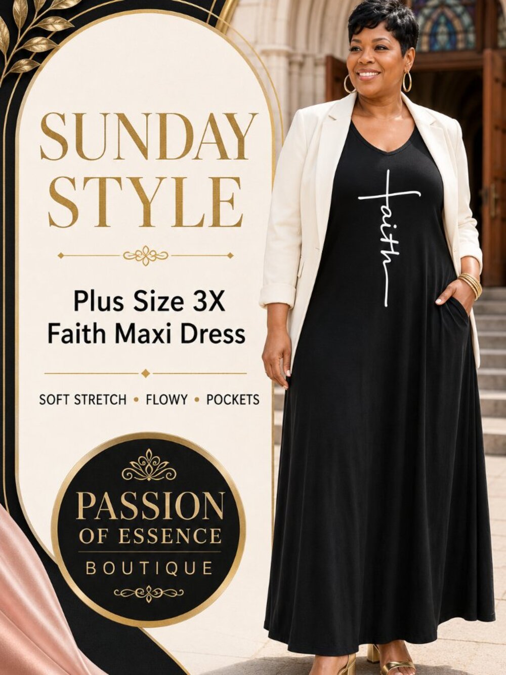 Black Faith Cross V-Neck Pocket Maxi Dress Plus Size 5X